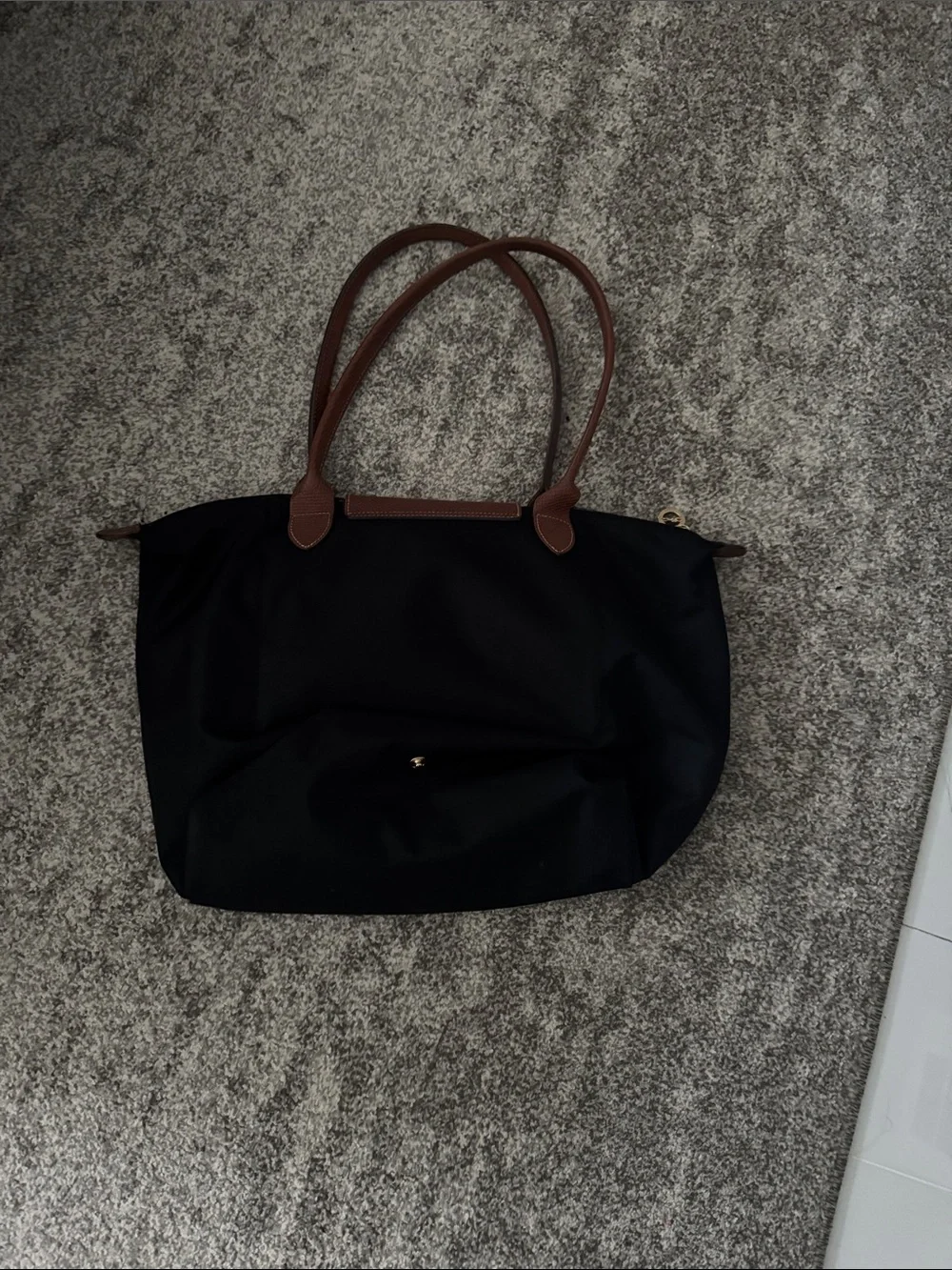 Longchamp Black Tote with Brown Trim
